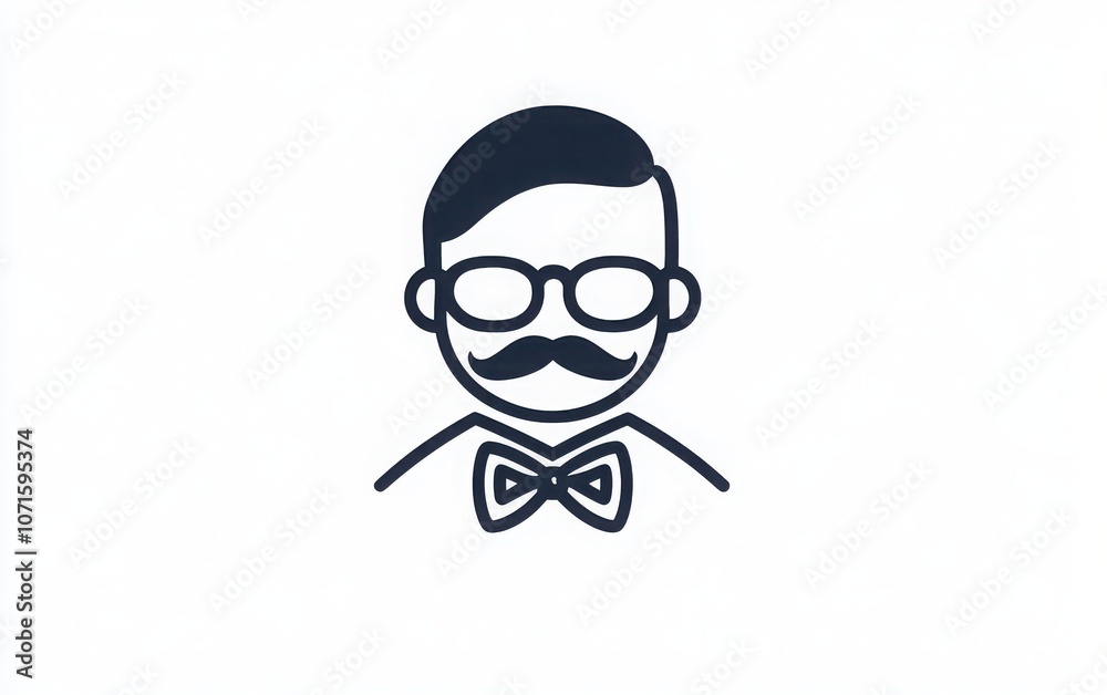 A minimalist vector logo of an avatar with a mustache and glasses, wearing a bow tie. A minimalist vector logo of an avatar with a mustache and glasses, wearing a bow tie.