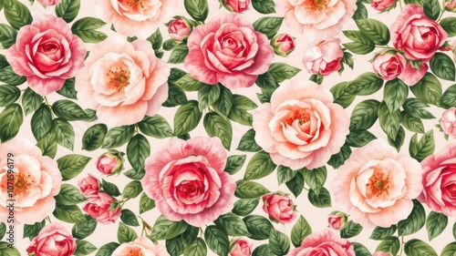 Seamless floral pattern featuring blooming roses and lush green leaves, spring, texture