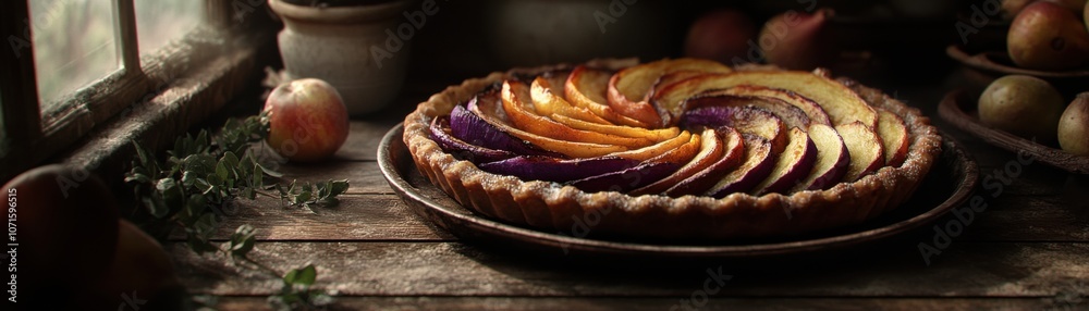 Fototapeta premium Rustic Apple Tart with Roasted Vegetables, A Simple and Delicious Fall Dessert Recipe Easy Homemade Pie Crust Soft Light Photography Autumn Flavors Seasonal Baking Sweet and Savory Tart Foodie
