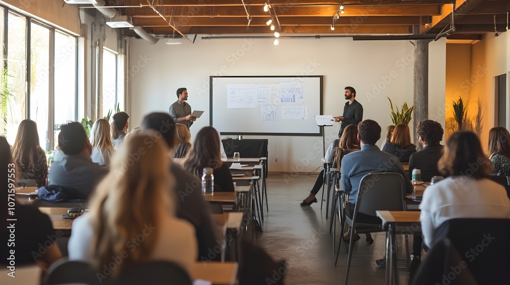 Obraz premium Diverse Business Coaching Workshop in Modern Conference Room with Interactive Whiteboard