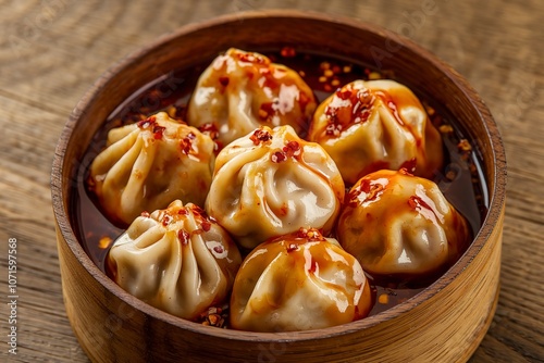 a bowl filled with golden-brown dumplings that appear to be coated in a glossy sauce photo