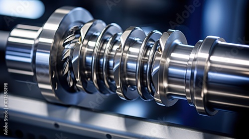 A close-up of a sleek, polished metal camshaft in a modern engineering setting highlights precision craftsmanship and industrial innovation. photo