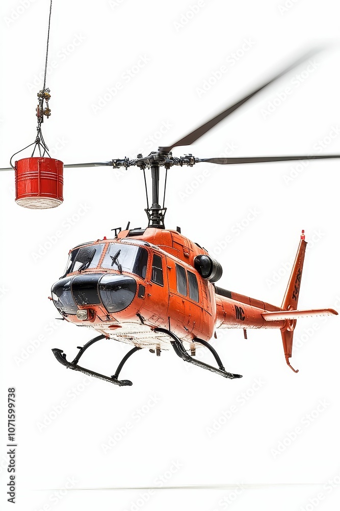 Orange helicopter with a red bucket. Orange helicopter with a red bucket.