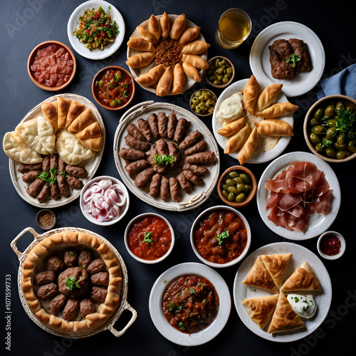 A vibrant spread of Montenegrin food with cevapi, burek, Njeguški prosciutto, and kacamak, showcasing the rustic, bold flavors and culinary traditions of Montenegro. photo