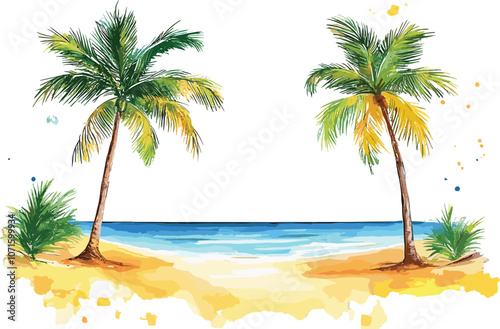 Summer beach with palm trees, watercolor background