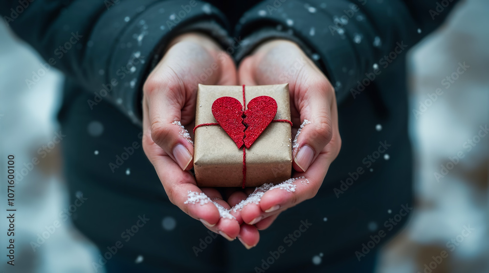 Woman holding a small gift box with broken red heart during snowfall, concept of lost love Woman holding a small gift box with broken red heart during snowfall, concept of lost love