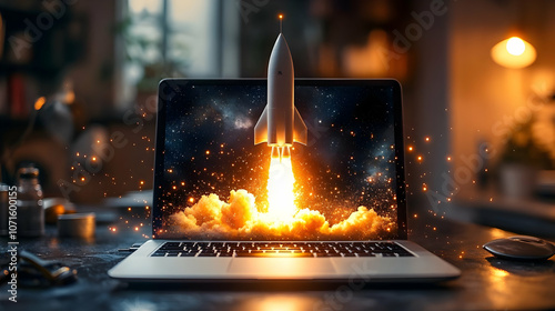 Laptop Screen with Rocket L...