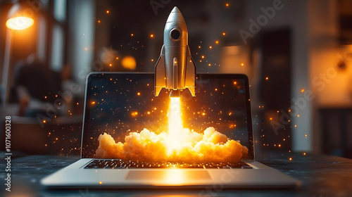 Laptop Rocket Launch Illust...