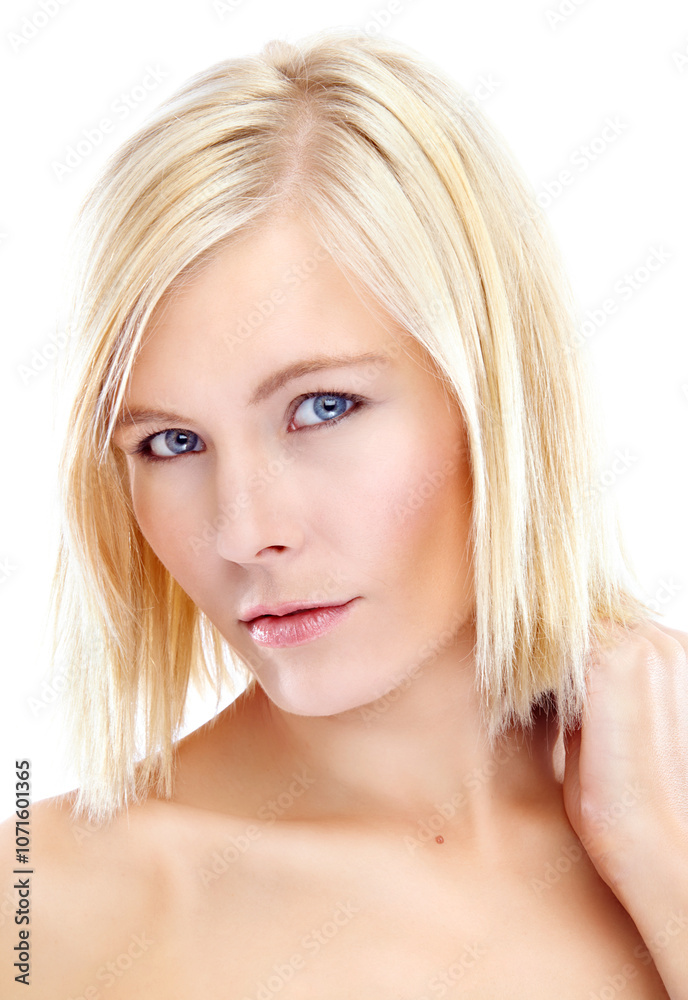 Short, hair and woman portrait in studio for shine, straight and keratin treatment on white background. Female person, gloss and proud of haircare or hairstyle, cosmetics and luxury dermatology Short, hair and woman portrait in studio for shine, straight and keratin treatment on white background. Female person, gloss and proud of haircare or hairstyle, cosmetics and luxury dermatology