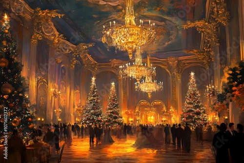Lavish Corporate Holiday Party in Opulent Ballroom with Sparkling Chandeliers and Classical Architectural Backdrop