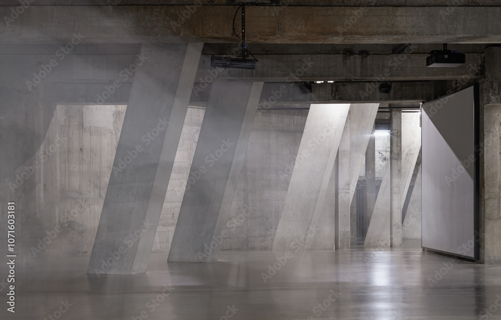 View of Concrete pillars inside Blavatnik Building of Tate Modern Switch House extension. Interior at Tate modern its distinctive and lattice brickwork. Angular structure, Space for text,