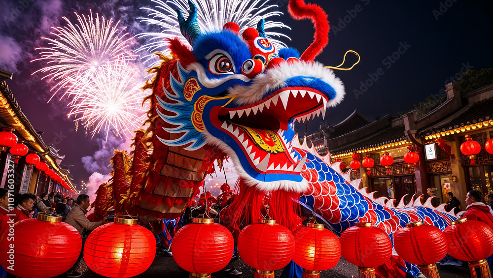 Vibrant parade with dragon and fireworks at a night festival Vibrant parade with dragon and fireworks at a night festival