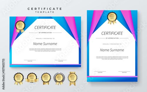 Modern Certificate of Appreciation Template with Colorful Design. Elegant certificate template featuring vibrant geometric patterns. Ideal for awards, achievements, and recognition events