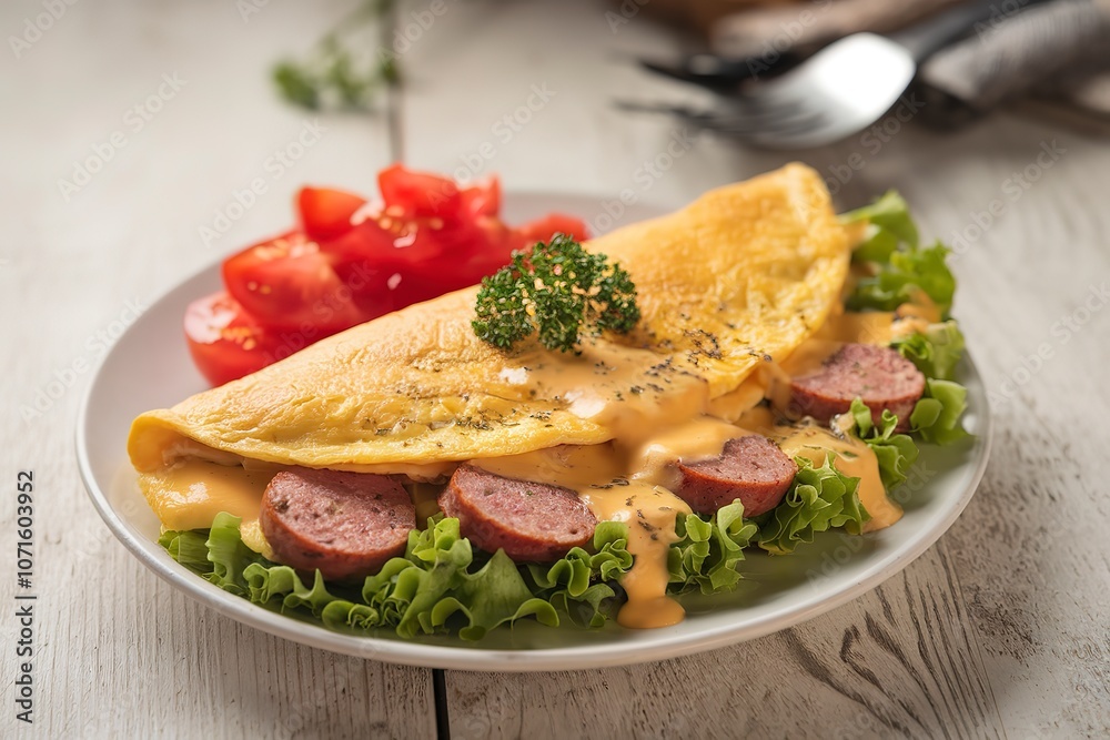 A breakfast dish of an omelet filled with lettuce, sliced grilled sausage, and covered in cheese sauce A breakfast dish of an omelet filled with lettuce, sliced grilled sausage, and covered in cheese sauce