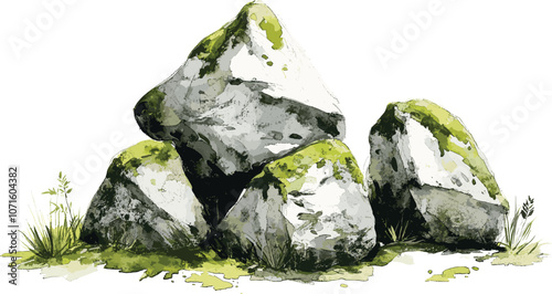 Stone pile with green moss. Watercolor illustration. Hand drawn rocks natural element. Solid mossy rocks. Park, forest, woodland landscape element. Isolated on white background