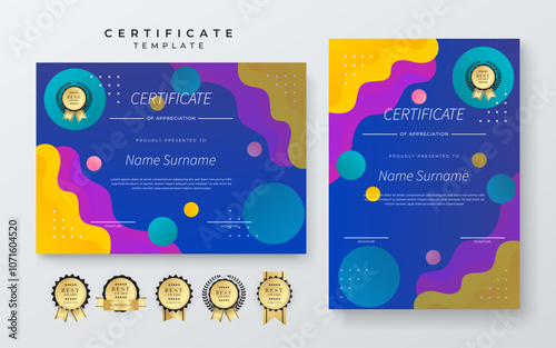 Modern Geometric Certificate Template With Award Badges. Professional certificate template featuring modern geometric design with abstract shapes