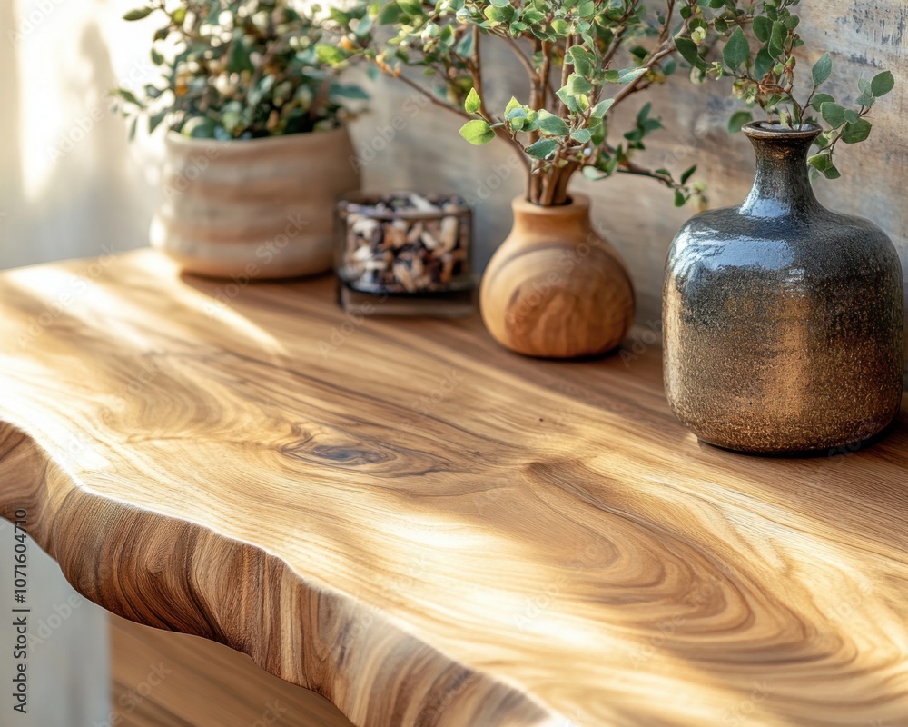 Sustainable Workspace Design Wooden Countertop with Eco-Friendly Accessories and Earthy Tones, Natural Elements, Minimalist Style, Green Living, Home Office, Desk Decor, Sustainable Lifestyle