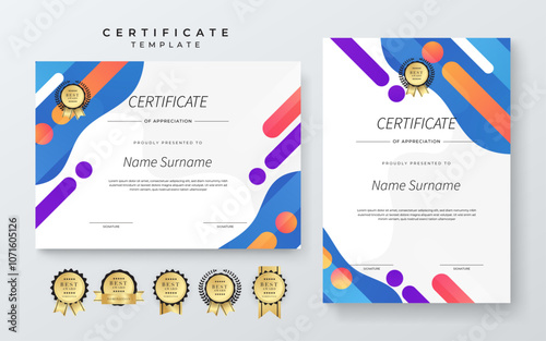 Modern Geometric Certificate Template With Award Badges. Professional certificate template featuring modern geometric design with abstract shapes