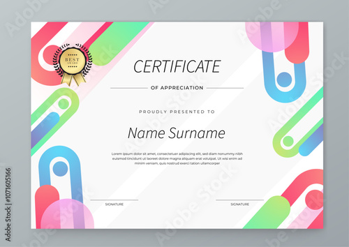 Modern Geometric Certificate Template With Award Badges. Professional certificate template featuring modern geometric design with abstract shapes