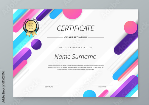 Colorful Certificate Template For Appreciation and Achievement. Features geometric shapes and award icons, perfect for professional or educational achievements