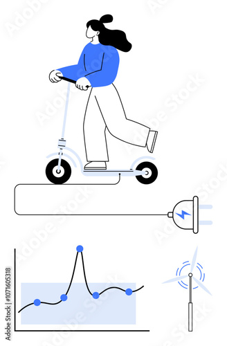 Person riding e-scooter plug graph wind turbine. Ideal for transportation, eco-lifestyle, renewable energy, technology, efficiency, modern living, clean power. Line metaphor