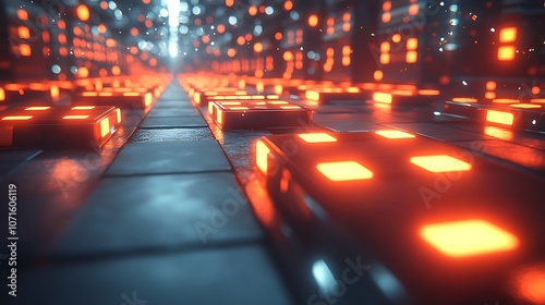 Abstract futuristic pathway with glowing red lights and a blurry background.