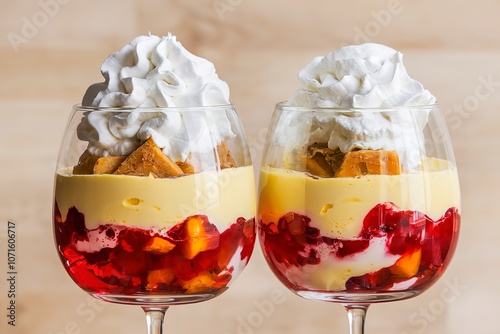 two clear glasses filled with a multi-layered dessert photo