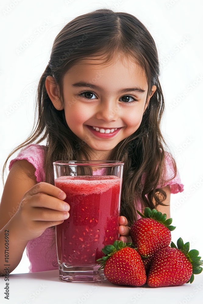 Smiling girl holding strawberry smoothie and fruit. Smiling girl holding strawberry smoothie and fruit.