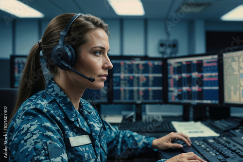 Female naval officer in blue camouflage is headset and typing on a computer in naval army central control, she is focused on her work and she is in a serious mood