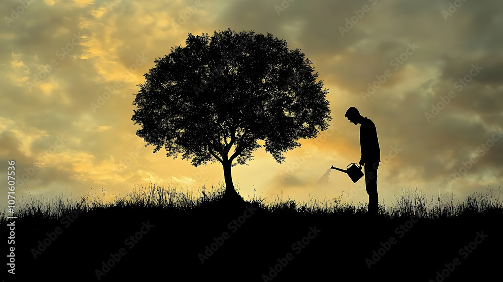 Silhouette of a Person Watering a Tree at Sunset - Illustration Silhouette of a Person Watering a Tree at Sunset - Illustration