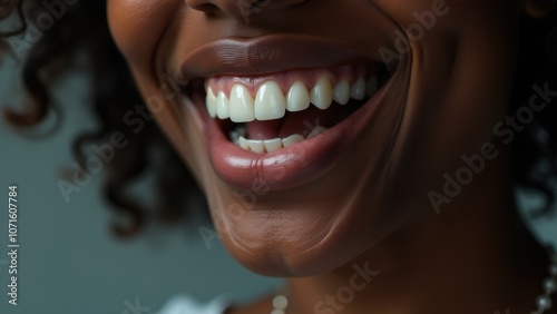 Close-up of the lower part of a Black woman's face, smiling and playfully biting a pearl necklace. Her bright, confident smile highlights her healthy teeth, ideal for a dental advertisement. photo