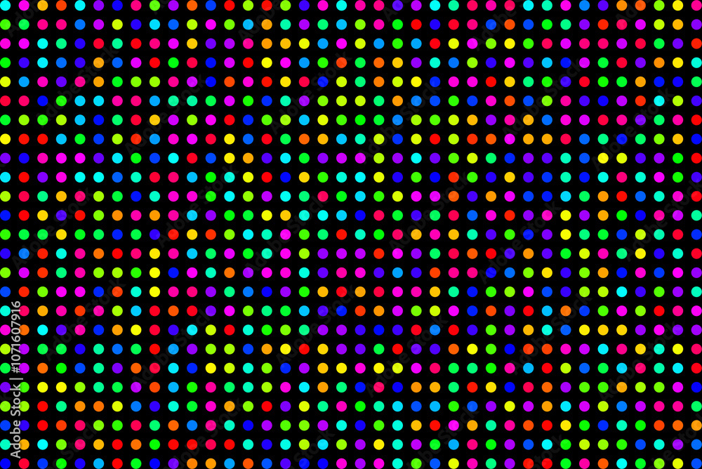 Obraz premium colored dots or filled circles randomly colored on a neatly arranged grid on black