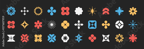 Trendy geometric shape elements. Colorful, Groovy, modern, brutalism. Y2k retro style.