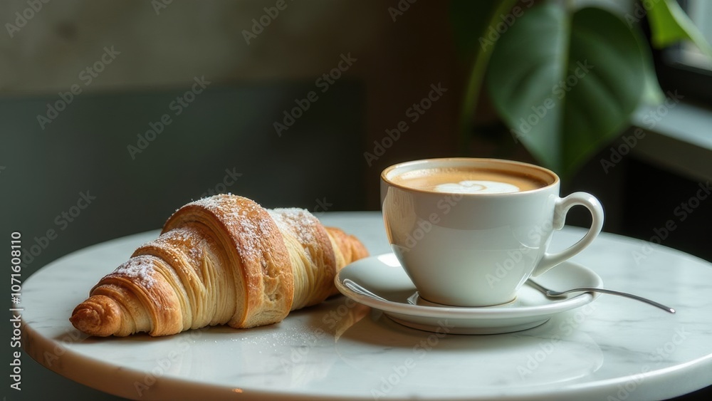 A freshly baked croissant paired with a steaming cup of coffee sits on a marble table in a cozy café setting A freshly baked croissant paired with a steaming cup of coffee sits on a marble table in a cozy café setting