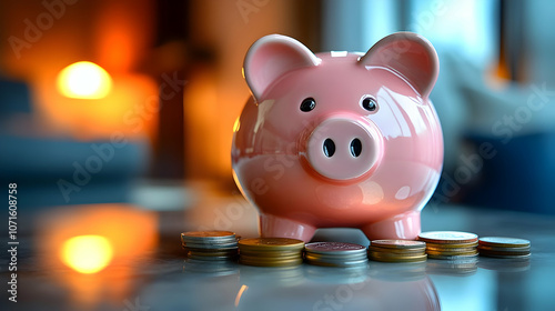 Pink Piggy Bank with Coins on Table - Realistic Image