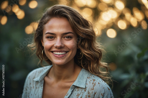 Portrait of a Young Woman Smiling Outdoors with Soft Lighting