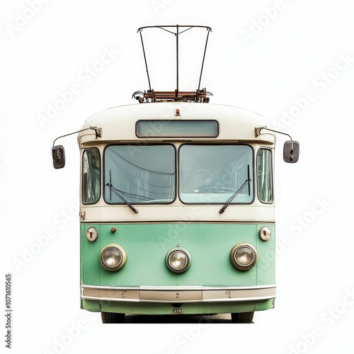 Green and white vintage trolley bus.