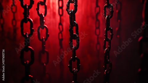 Chains hanging in a dark red-lit room, atmospheric interior

 photo