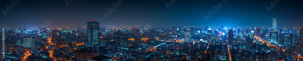 stunning panoramic view of bustling city skyline at night, showcasing vibrant lights and towering skyscrapers. urban landscape is alive with energy and activity