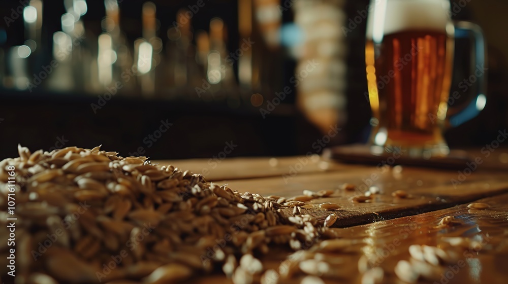 Wheat and Beer on a Wooden Table - a rustic and hearty visual. The combination of wheat and beer creates a warm, inviting atmosphere that celebrates traditional brewing. Wheat and Beer on a Wooden Table - a rustic and hearty visual. The combination of wheat and beer creates a warm, inviting atmosphere that celebrates traditional brewing.