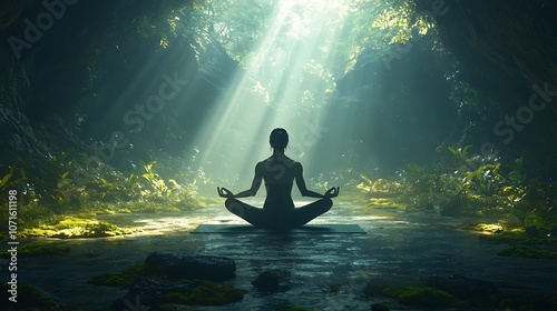 Silhouette of a woman meditating in a jungle cave with sunlight streaming through the opening.