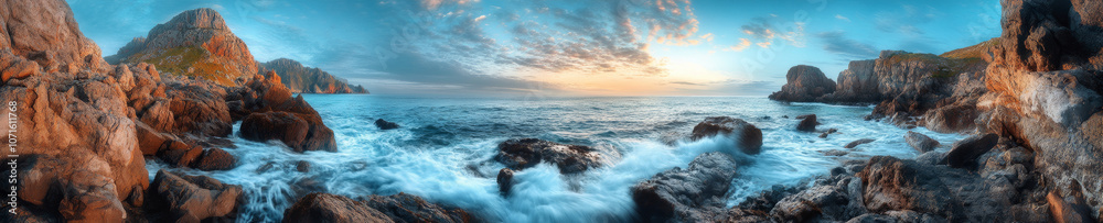 Obraz premium breathtaking panoramic landscape of rocky coastline at sunset, showcasing vibrant colors in sky and crashing waves against rocks, evoking sense of tranquility and awe