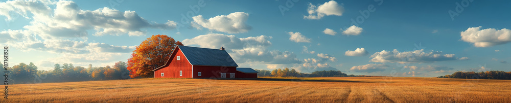 panoramic landscape of rural farm featuring red barn surrounded by golden fields and clear blue sky. scene evokes sense of tranquility and natural beauty panoramic landscape of rural farm featuring red barn surrounded by golden fields and clear blue sky. scene evokes sense of tranquility and natural beauty