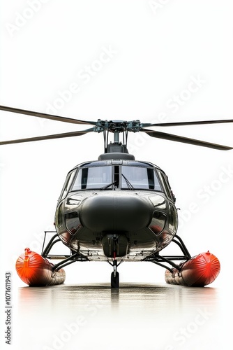 Black helicopter with red floats on white background. photo