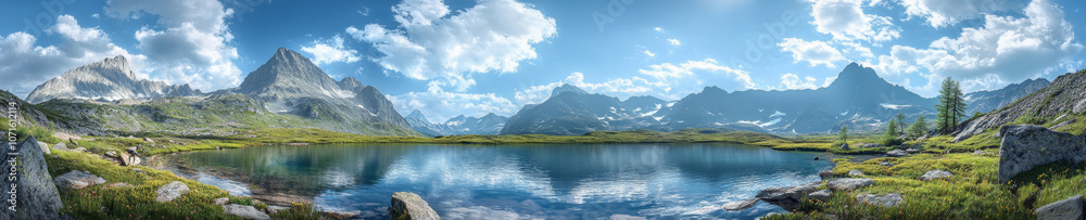 stunning panoramic view of mountain lake surrounded by majestic peaks, lush greenery, and clear blue sky, evoking sense of tranquility and natural beauty stunning panoramic view of mountain lake surrounded by majestic peaks, lush greenery, and clear blue sky, evoking sense of tranquility and natural beauty