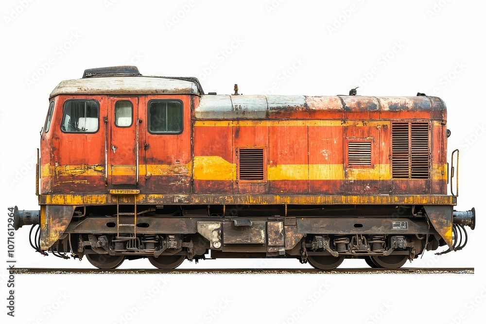 Obraz premium Rusty red train on tracks isolated.