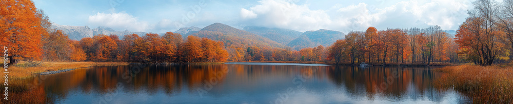 Fototapeta premium serene lake surrounded by vibrant autumn foliage and mountains, reflecting colorful trees in calm water. peaceful atmosphere invites tranquility and contemplation