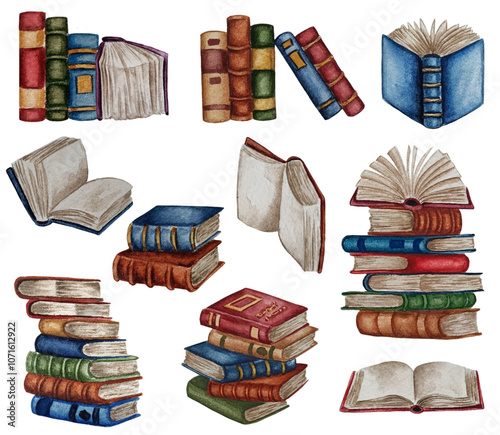 Watercolor books shop clipart. Stack of books illustration. Book lover reading, book diary clipart. Book bookstore library.