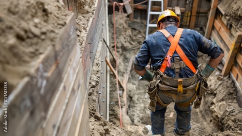 A construction worker wearing a harness is seen descending into the excavation site using a sy ladder following proper safety measures while entering and exiting the area.