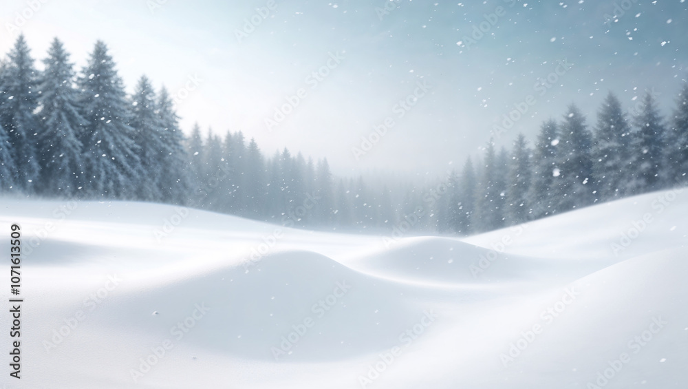 Fototapeta premium Serene snow field with snowflakes falling amidst pine trees.